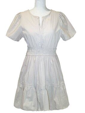 stitch drop beige short sleeve 100% cotton fitted waist mini dress